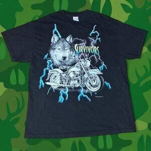 Vintage 90s USA Thunder Survivors Wolf Motorcycle T-Shirt XL